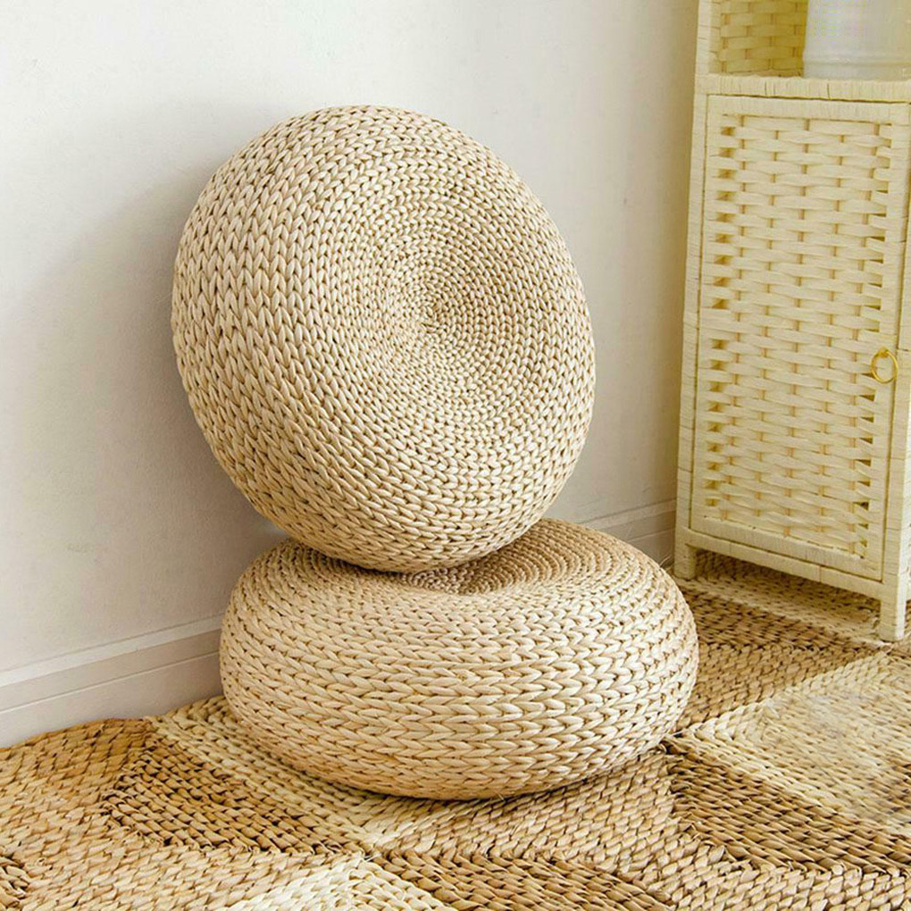 Japanese Home Textiles - Natural Straw Round Pouf Handmade Woven