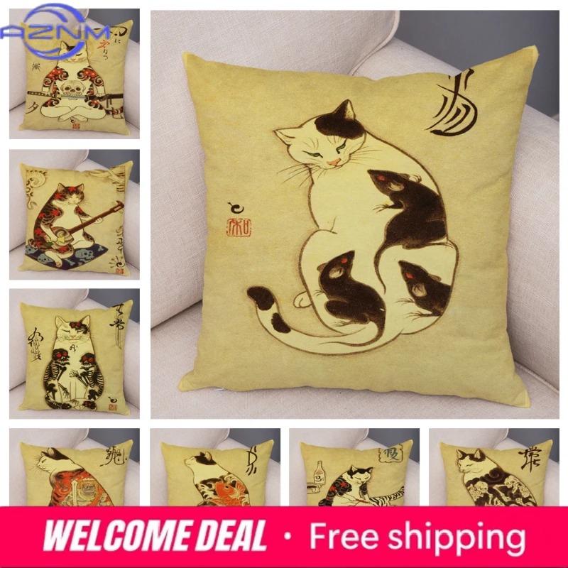 Japanese Home Textiles - Vintage Japanese Samurai Cat Tattoo Cushion